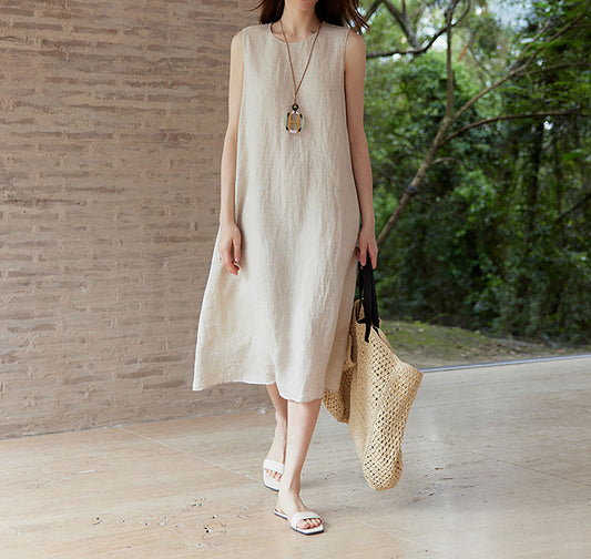 edoa Flax Linen Sleeveless Summer Dress