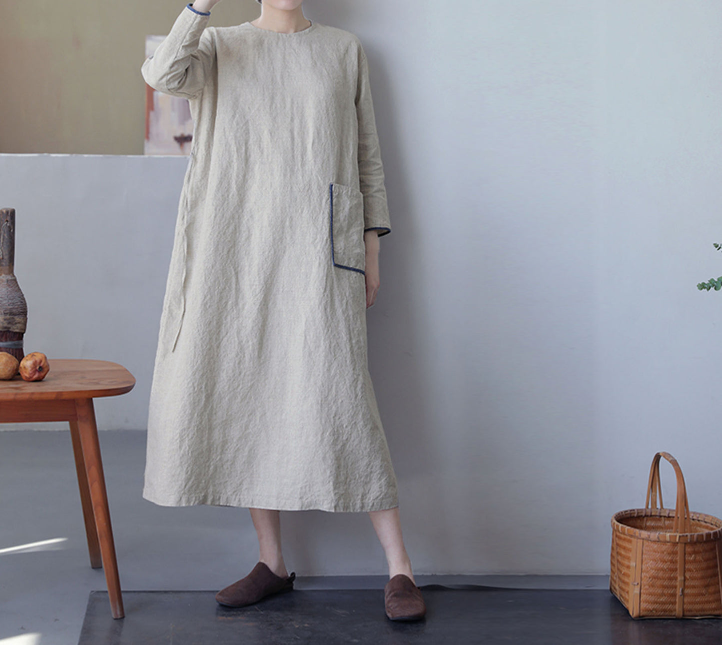 edoa Flax Linen Bracelet Sleeves A-line Dress