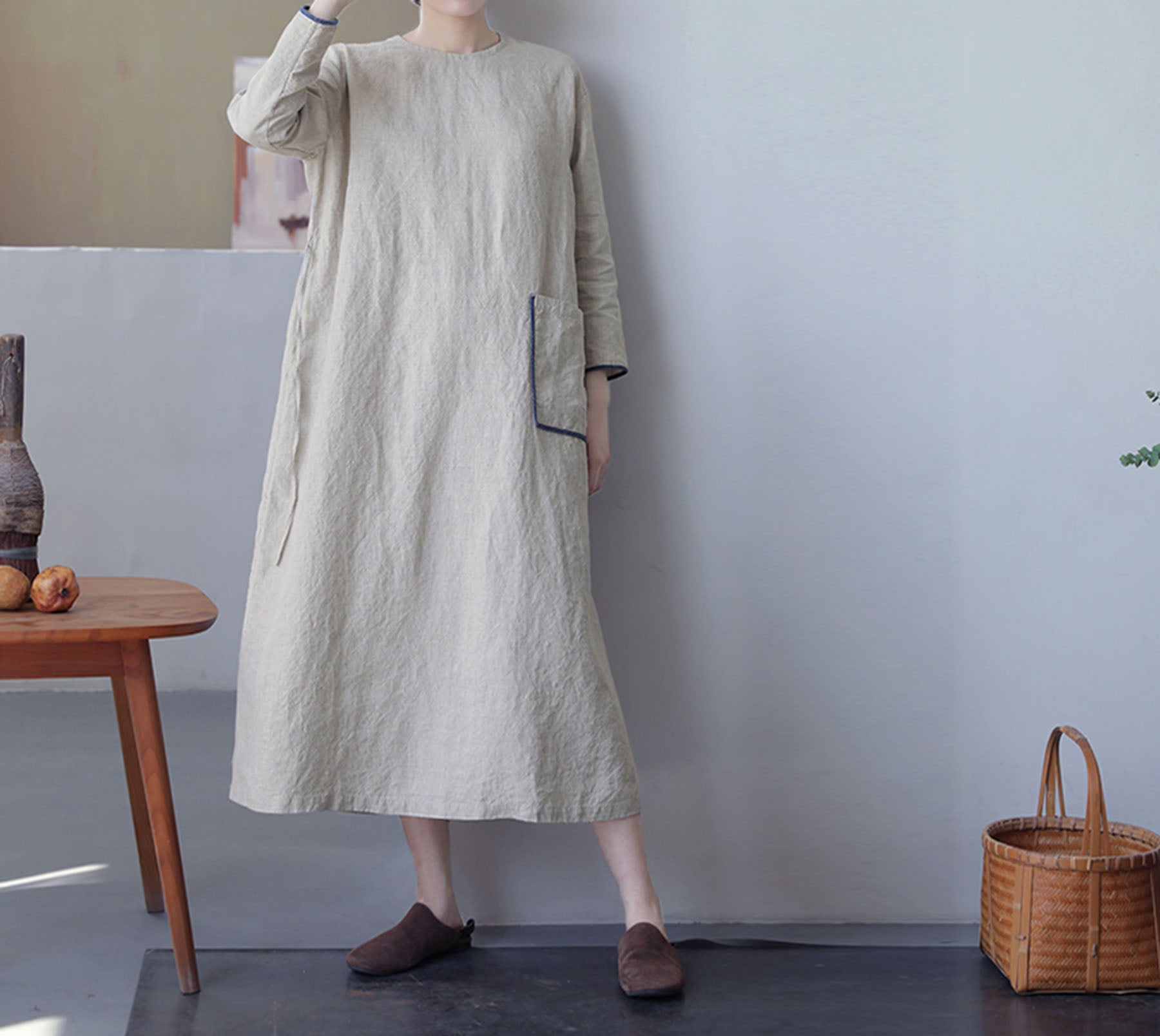 edoa Flax Linen Bracelet Sleeves A-line Dress