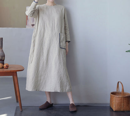 edoa Flax Linen Bracelet Sleeves A-line Dress