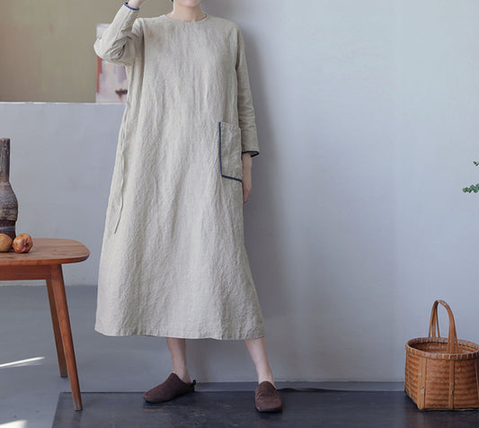 edoa Flax Linen Bracelet Sleeves A-line Dress
