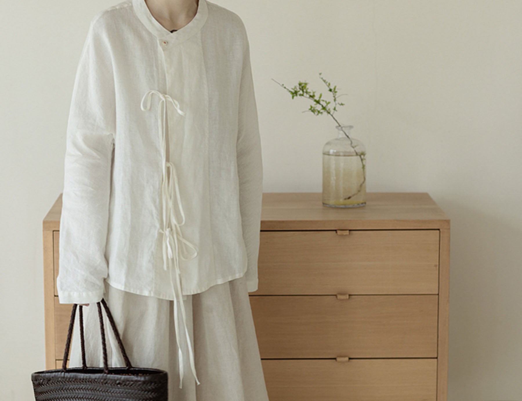 edoa Off White Linen Tie Blouse