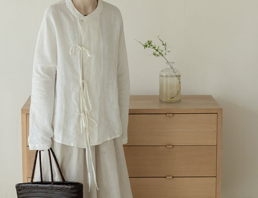 edoa Off White Linen Tie Blouse