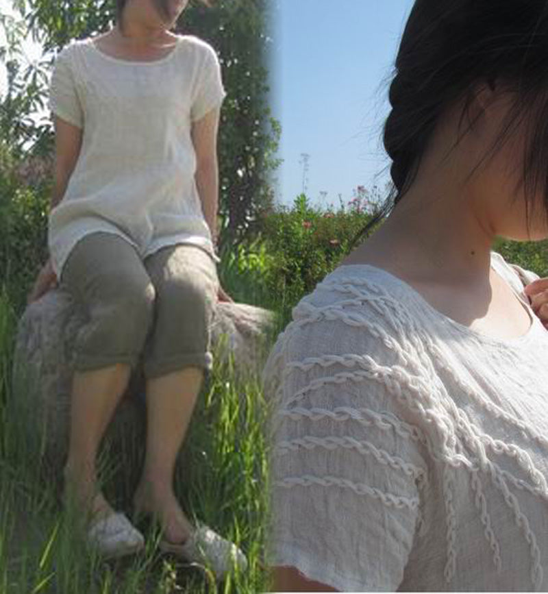 Hand Embroidered Short Sleeve White Linen Blouse bl0107 013