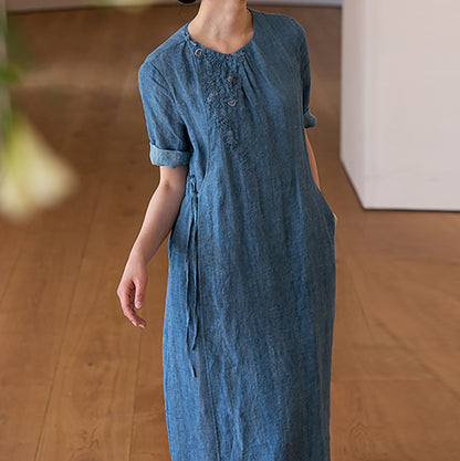 edoa Hand Embroidered Tie Dyed Ramie V-neck Chinese Dress 
