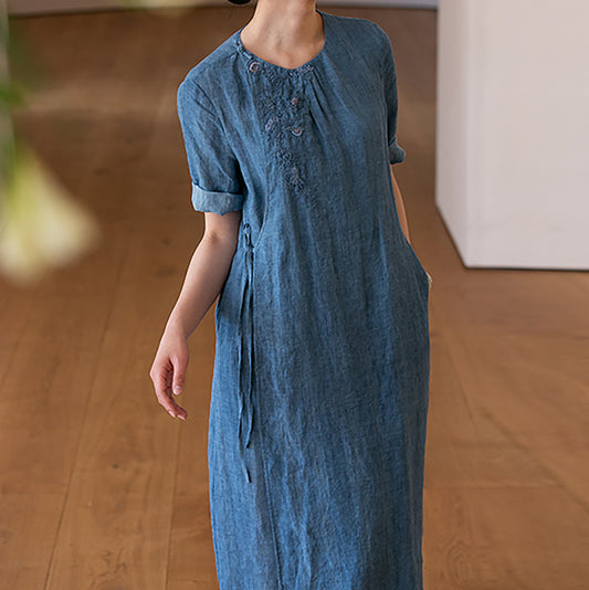 edoa Hand Embroidered Tie Dyed Ramie V-neck Chinese Dress 