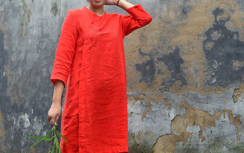 edoa red Washed Linen Modified Qipao