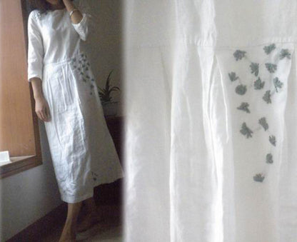 edoa Hand Embroidered White Linen Dress
