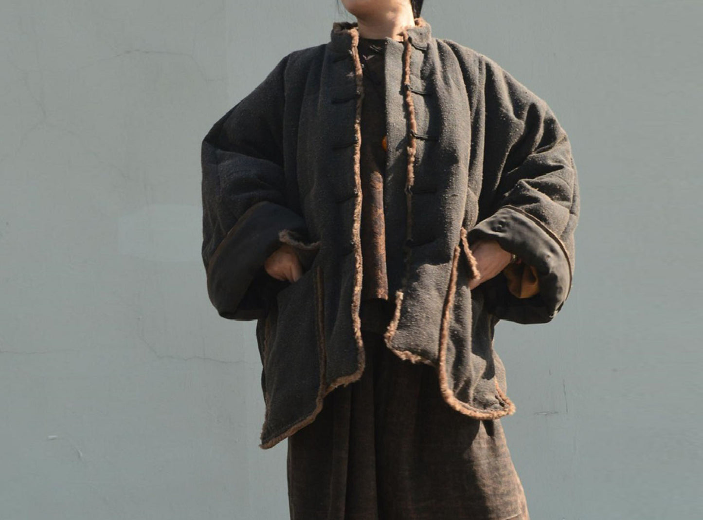 edoa Mud Tussah Silk Goose Down Chinese Coat 