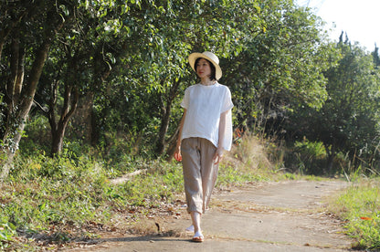 edoa White Oversized Linen Square Top with Twisted neck