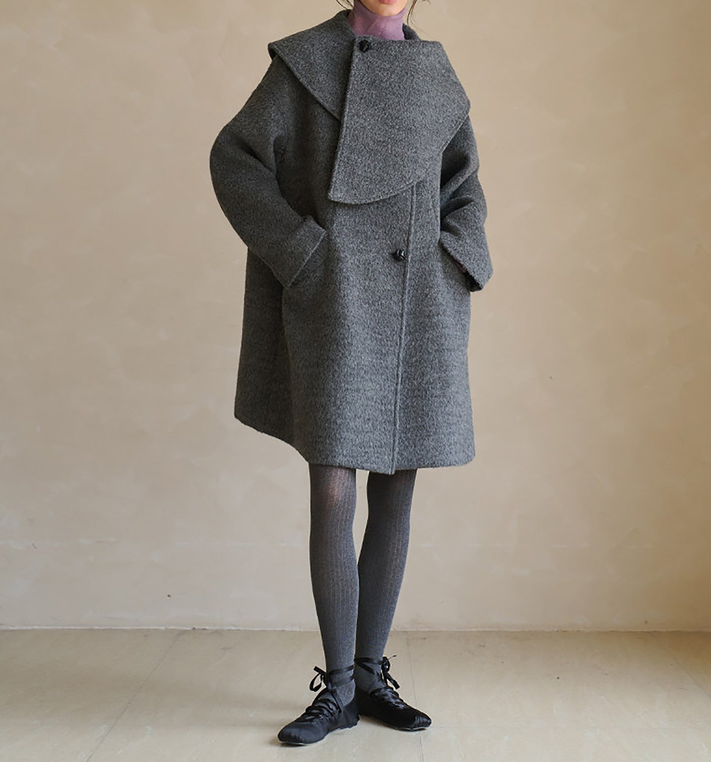 edoa Scarf Collar Alpaca Wool Trapeze Coat 