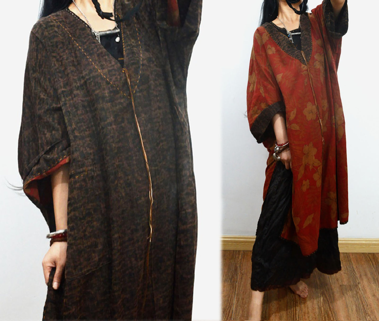 edoa Reversible Loose Fitting Deep V-neck Printed Mud Noil Silk Dress