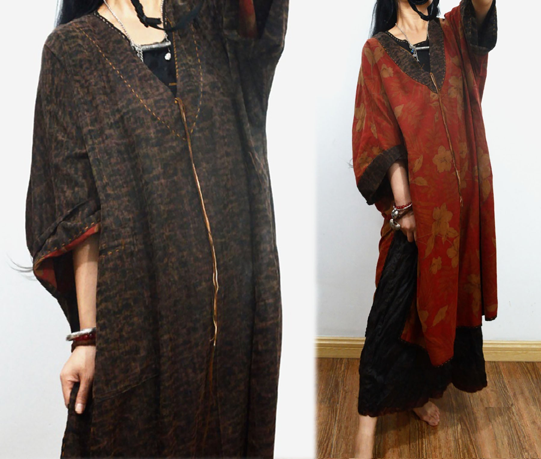 edoa Reversible Loose Fitting Deep V-neck Printed Mud Noil Silk Dress