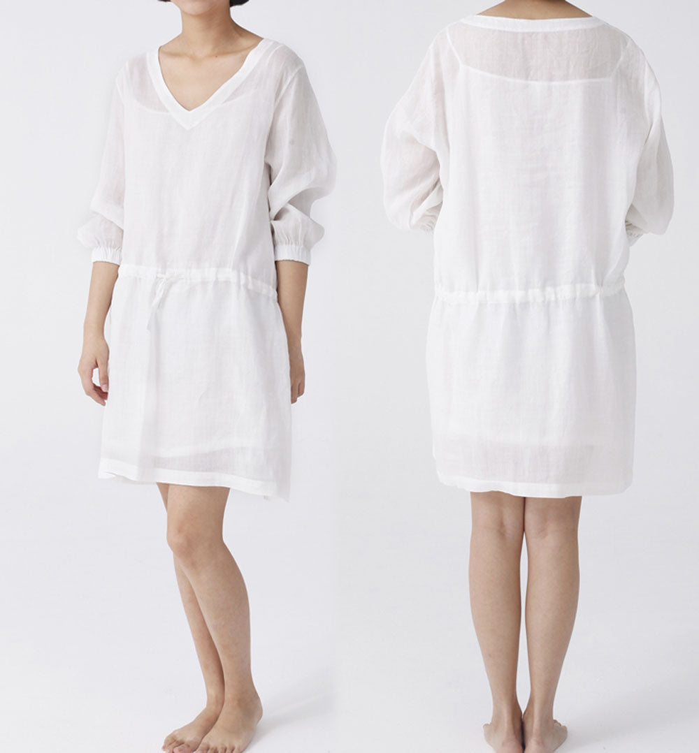 edoa Washed Ramie V-neck Bracelet Sleeve Dress 