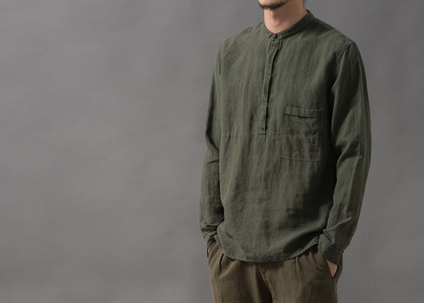 edoa Stand Collar Moss Green Washed Linen Shirt 