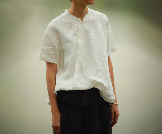 edoa Stand Collar Loose Linen Pleated Shirt 