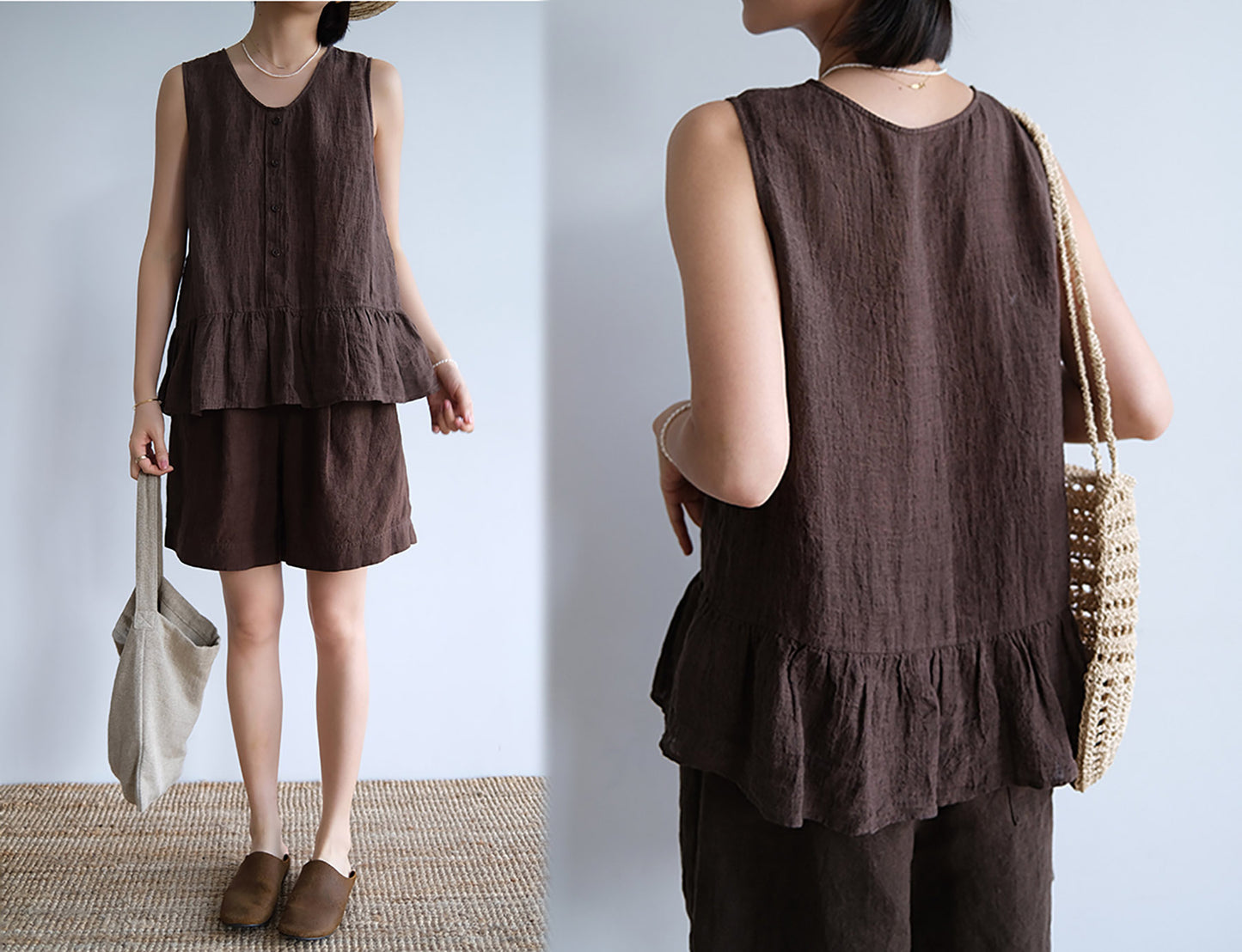 edoa Brown Yarn Dyed Linen Tank Top