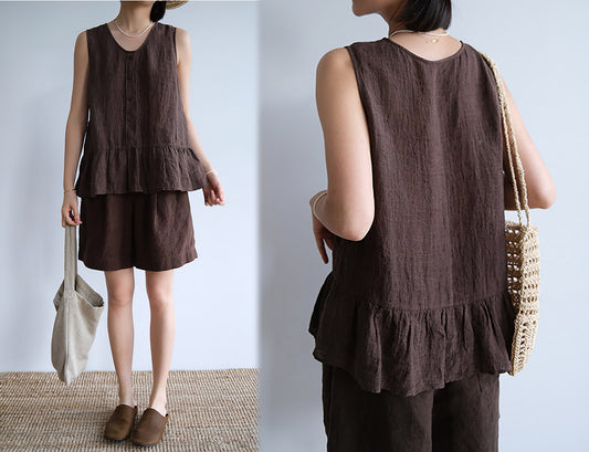 edoa Brown Yarn Dyed Linen Tank Top