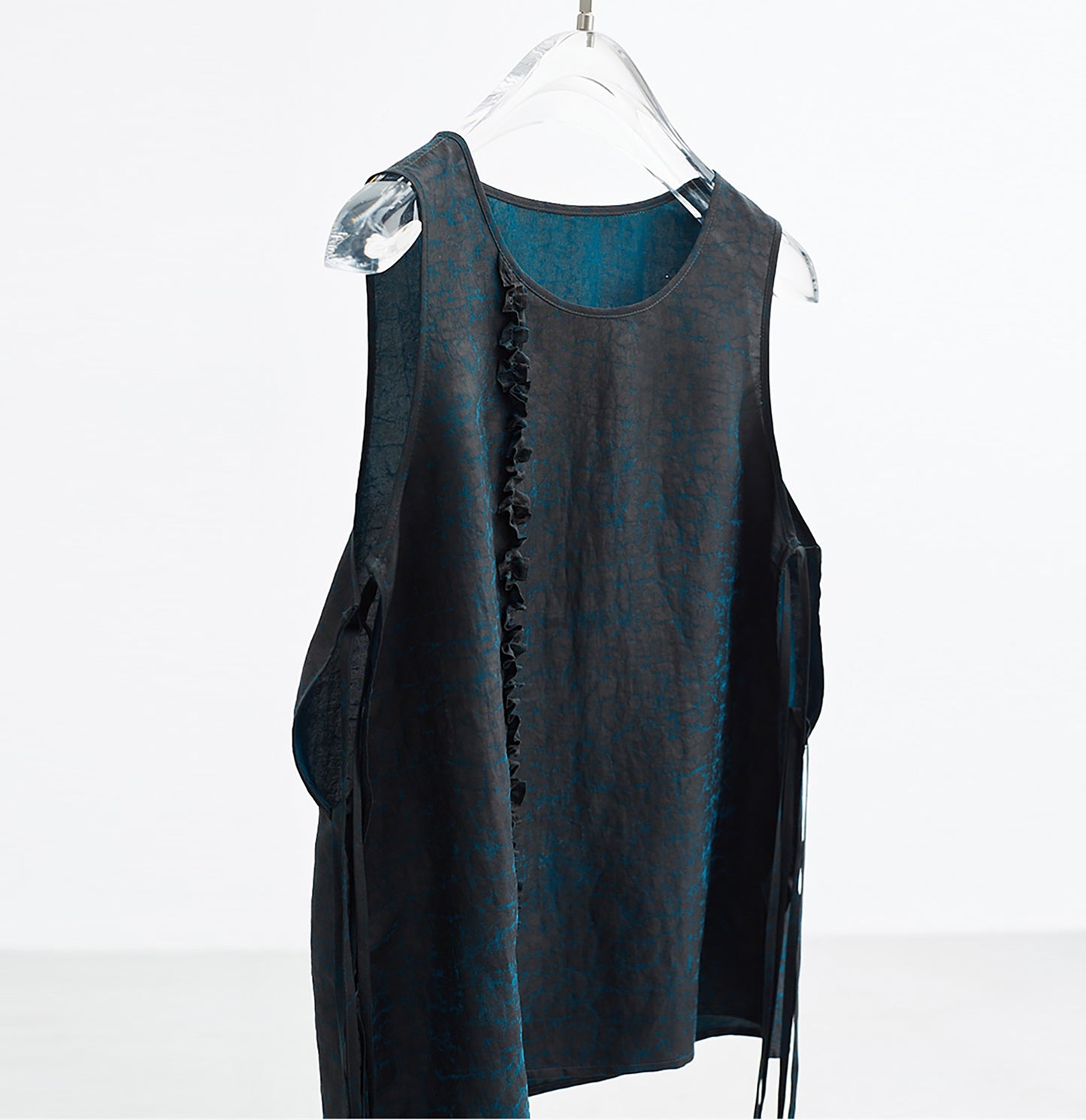 edoa Cracked Mud Silk Self-tie Top with Ruffles in Peacock Blue
