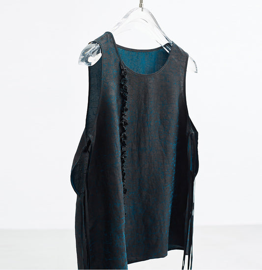 edoa Cracked Mud Silk Self-tie Top with Ruffles in Peacock Blue