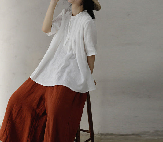 edoa White Pleated French Linen Top