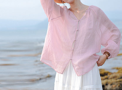 edoa Loose Pink Crinkled Ramie Rayon Blend Chinese Blouse