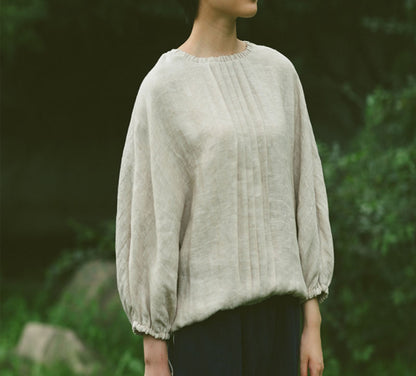 edoa Double Layer Linen Victorian Blouse with Balloon Sleeve