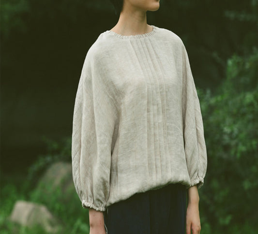 edoa Double Layer Linen Victorian Blouse with Balloon Sleeve