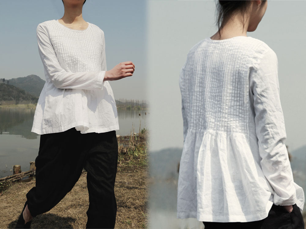 edoa Pintucked White Linen Blouse