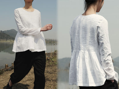 edoa Pintucked White Linen Blouse