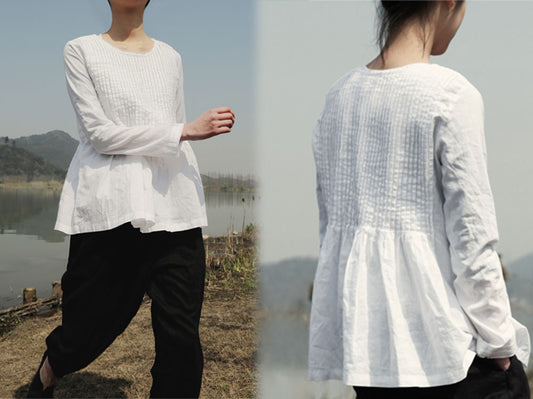edoa Pintucked White Linen Blouse