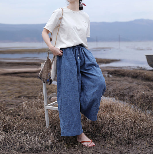 edoa Washed Yarn Dyed Linen Flared Palazzo Pants