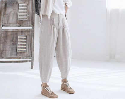 edoa Flax Linen Pants with Pintuck at Waist 