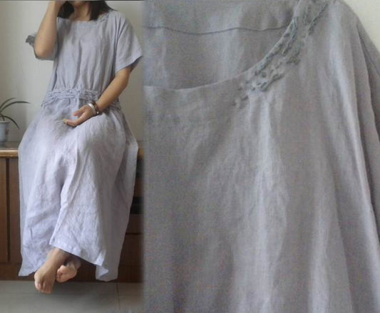 edoa loose hand embroidered linen maxi dress
