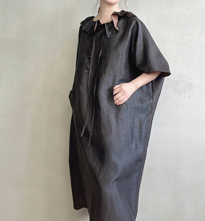 edoa Oversized Cracked Mud Silk Ruffle Neck Dress 