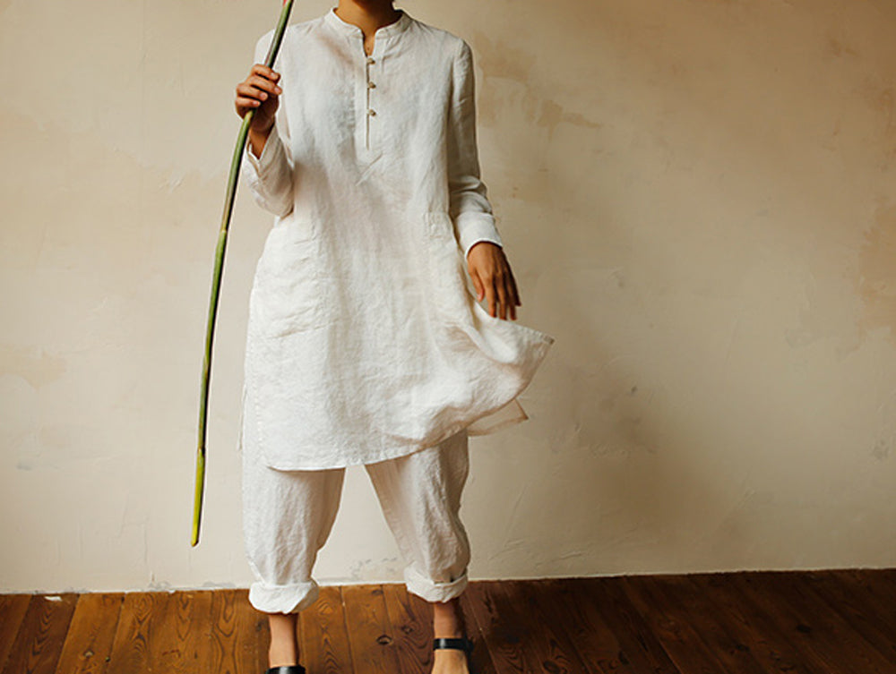 edoa Washed Hemp White Summer Tunic Top 
