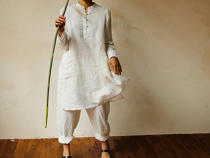 edoa Washed Hemp White Summer Tunic Top 