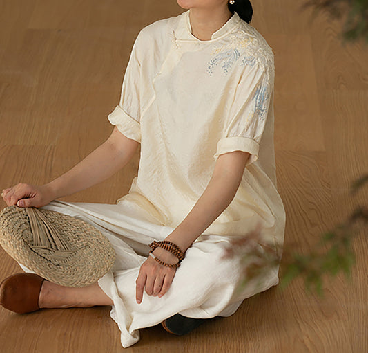 edoa Tussah Silk Hand Embroidery Chinese Blouse