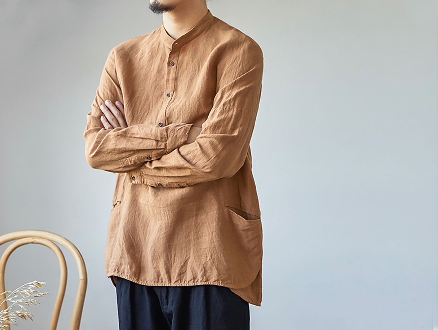 edoa Stand Collar Washed Linen Shirt 
