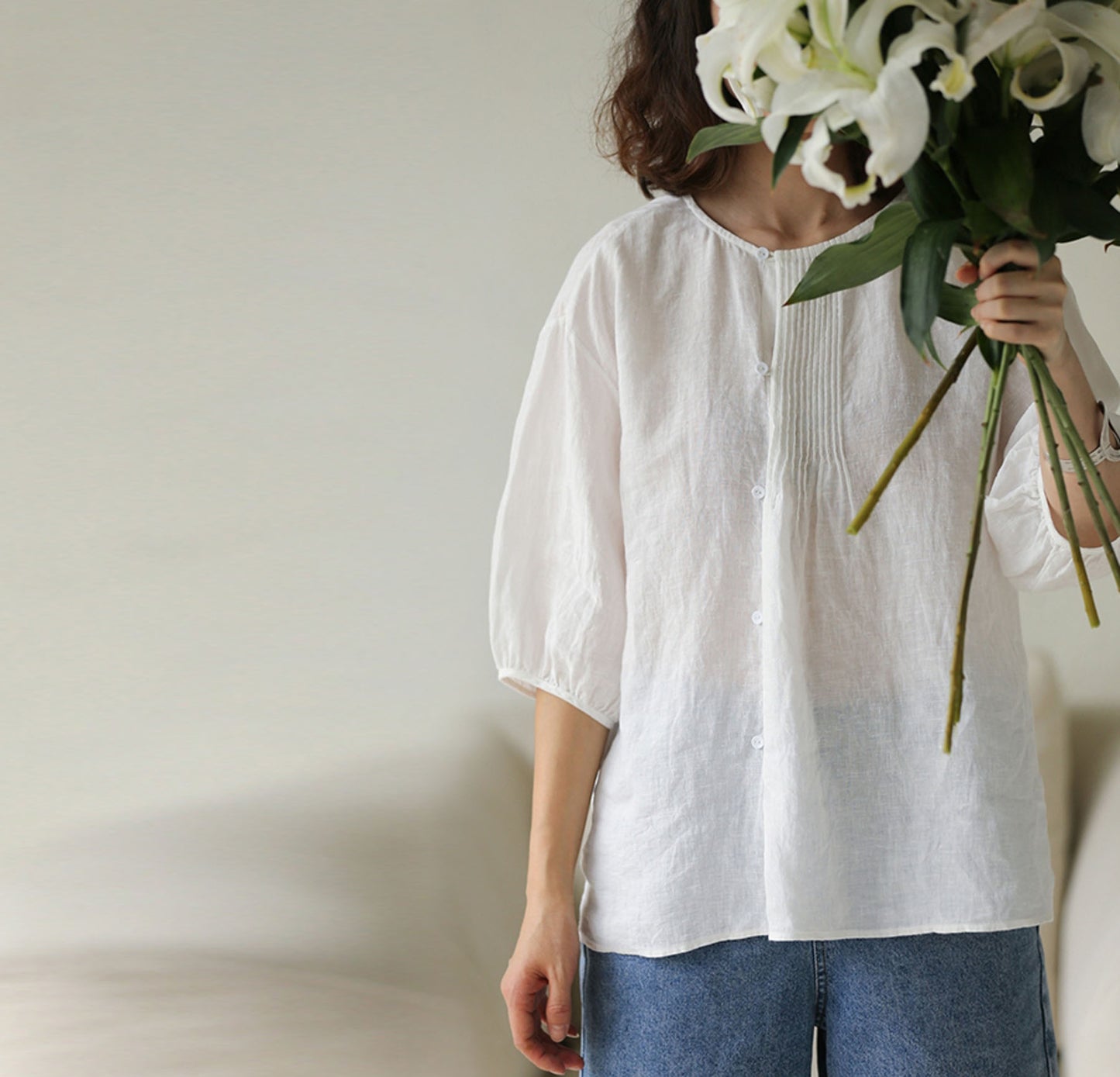 edoa Pintucked Thin Linen Blouse