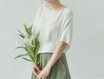 edoa Silk Crepe de Chine Pleated Crop Top