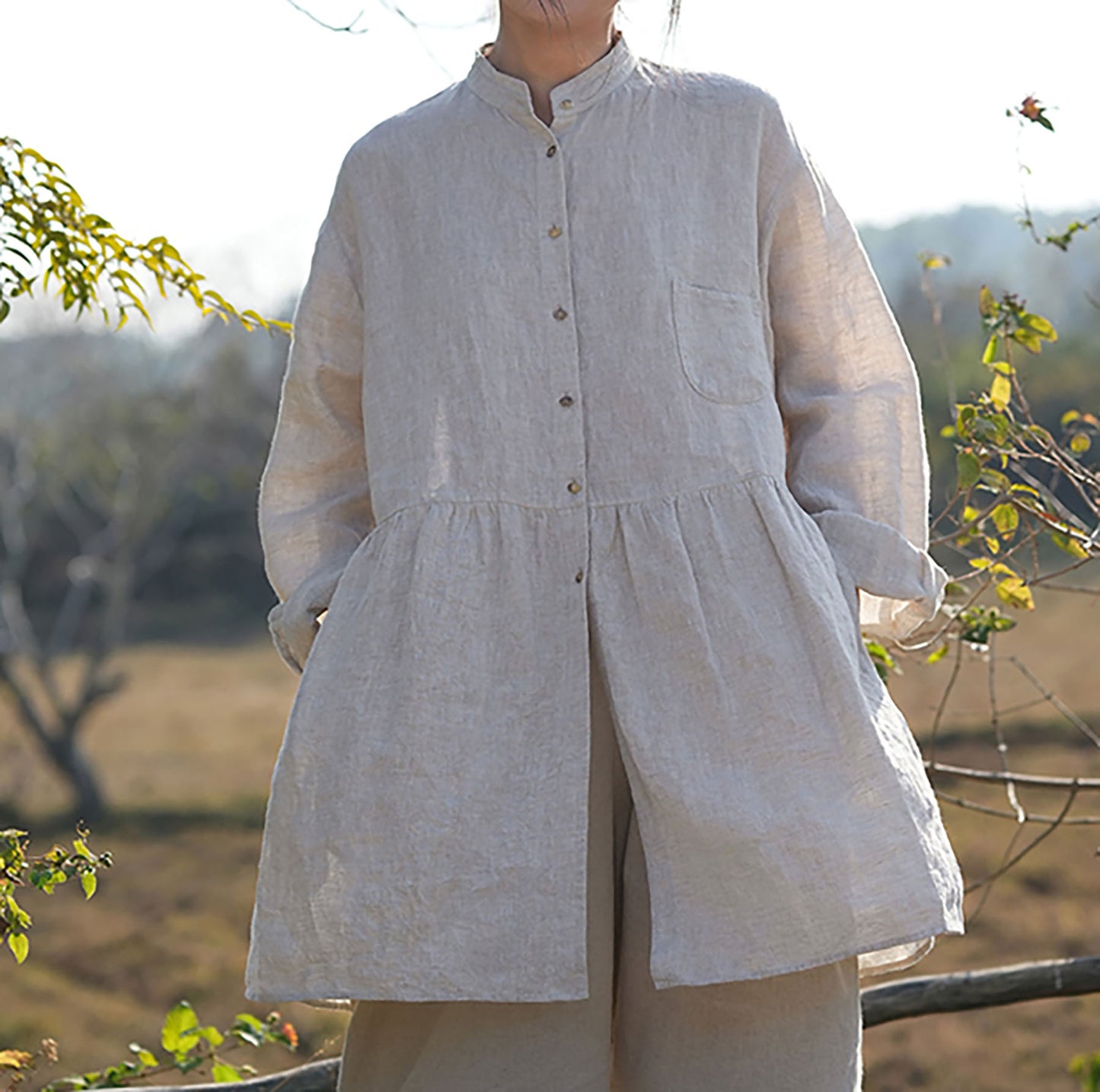 edoa Flax Linen Blouse with Ruffled Hem