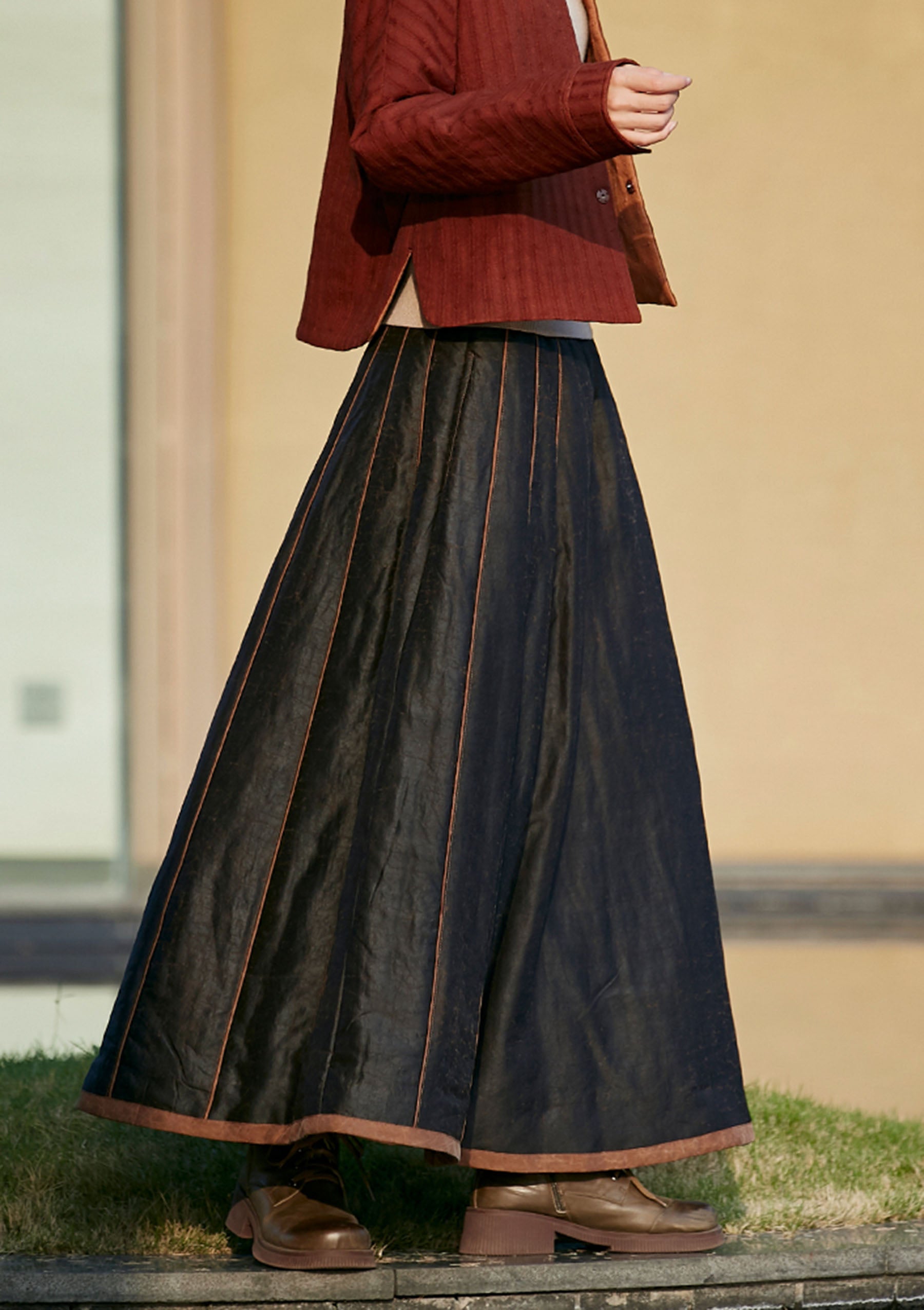 edoa Cracked Mud Silk Padded Chinese Mamianqun Pleated Skirt