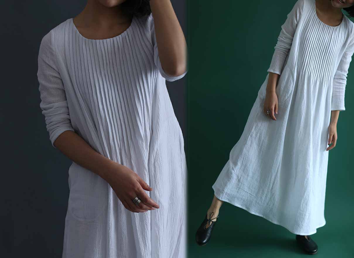 edoa Hand Pintucked Crinkled Linen Floor-length Dress