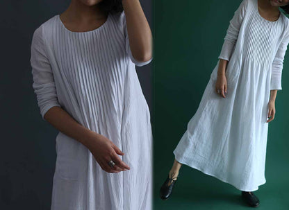 edoa Hand Pintucked Crinkled Linen Floor-length Dress