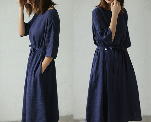 edoa Loose Pleated Linen Long Dress 