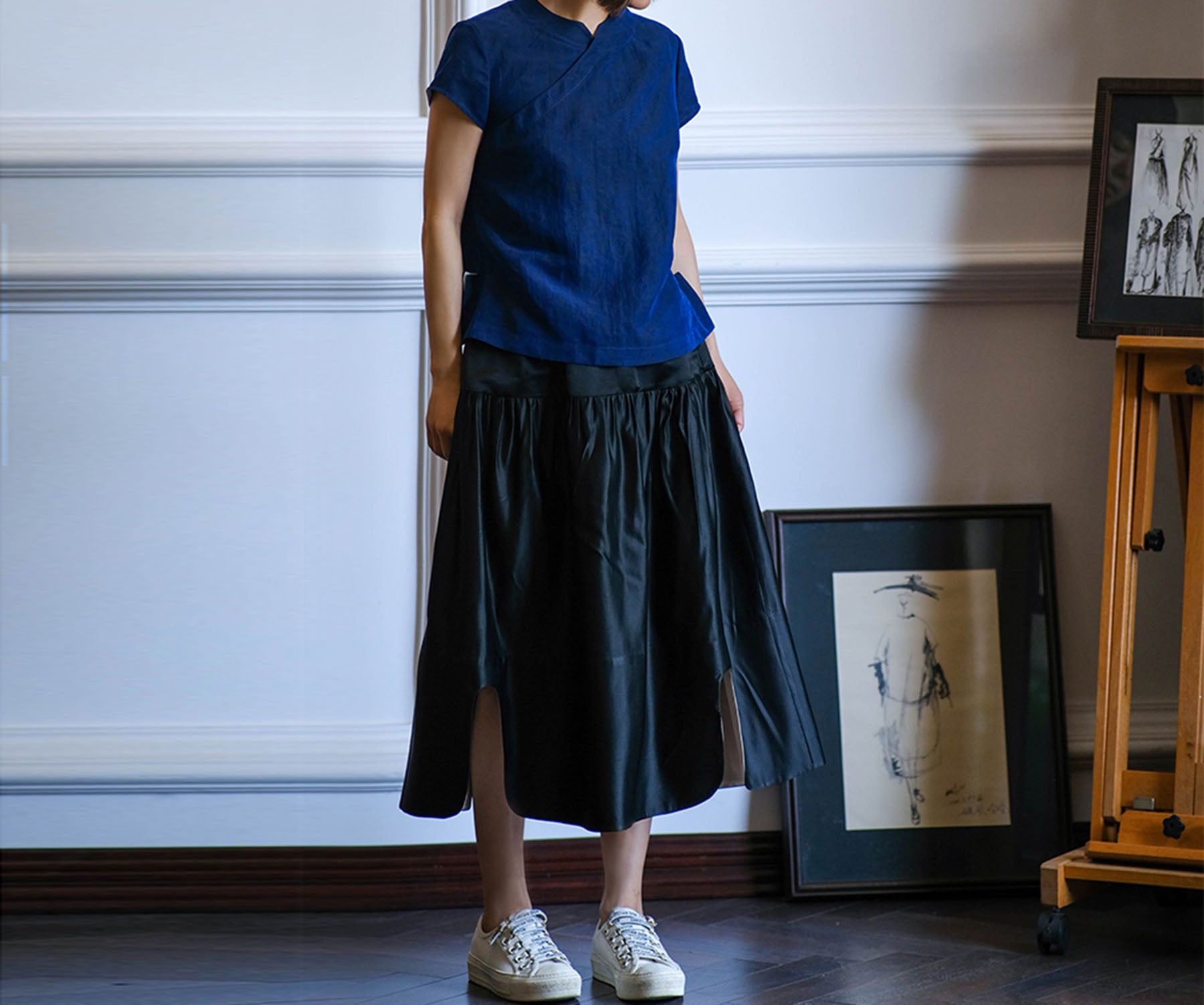 edoa Silk Charmeuse Tiered Skirt with Curved slits