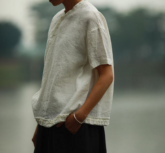 edoa Stand Collar Loose Linen Pleated Shirt 