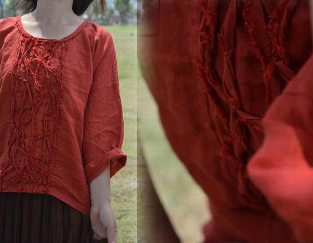 edoa Washed Ramie Blouse with Handmade Decoration