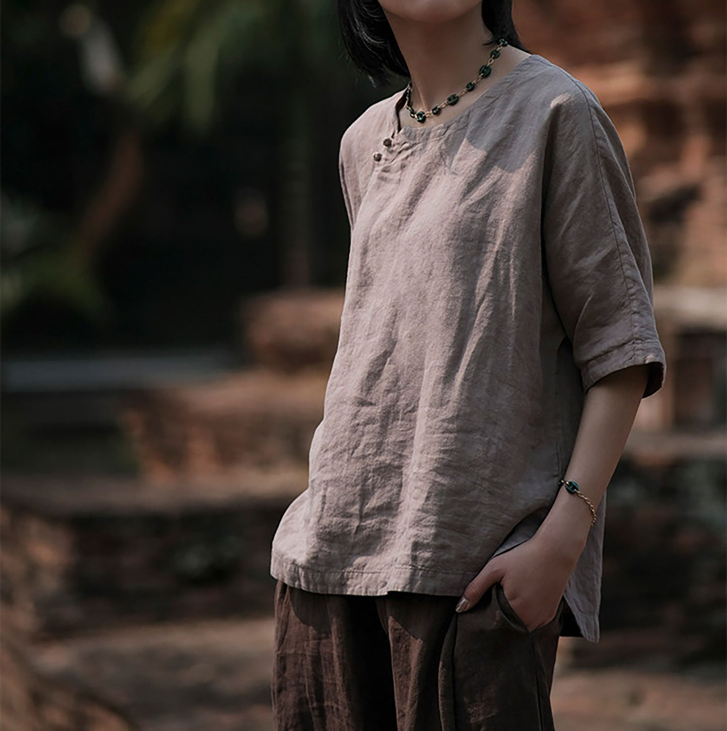 edoa Washed Linen Chinese Style Blouse